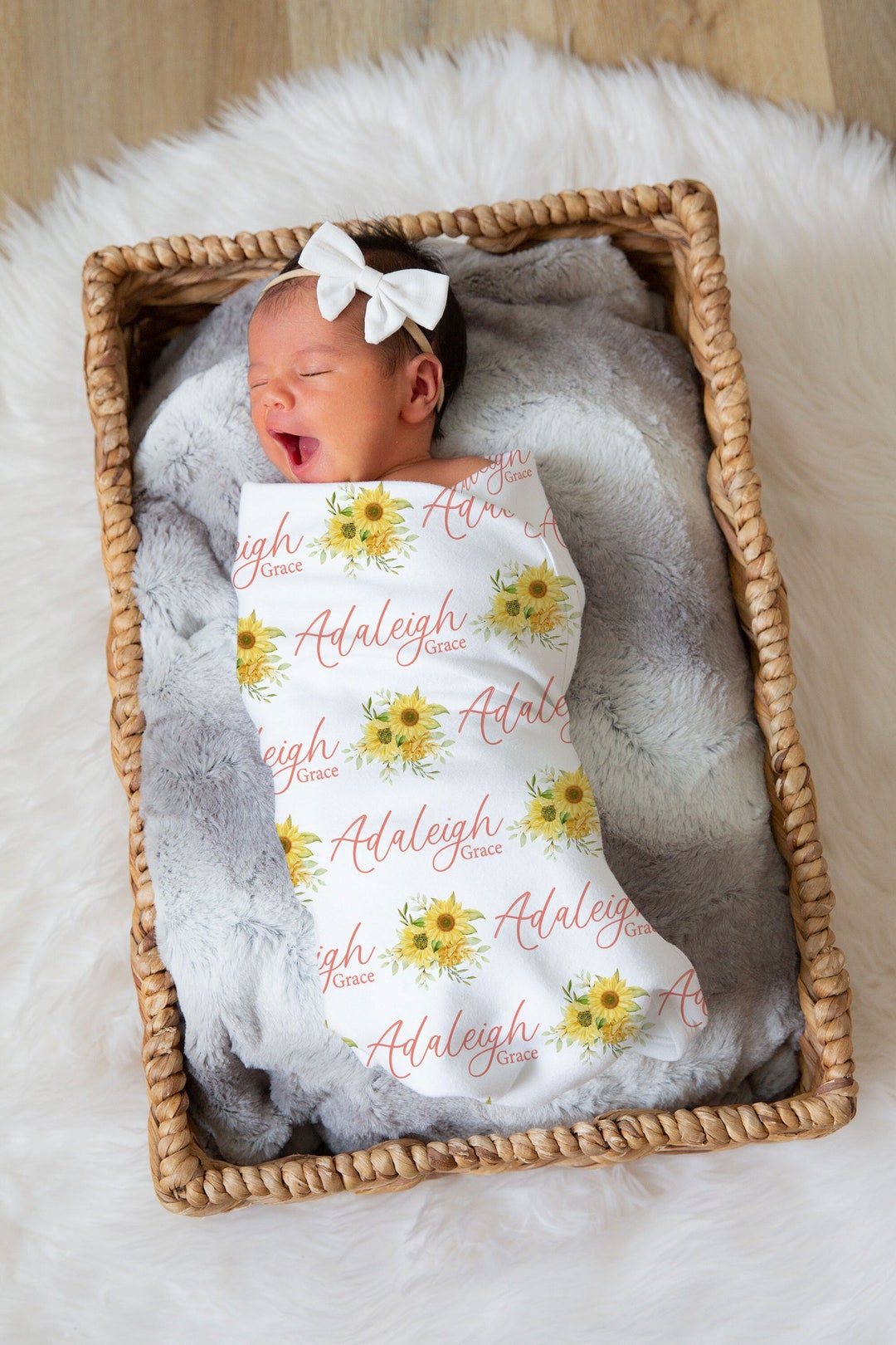 Personalized Baby Swaddle With Sunflowers, Perfect Baby Shower Gift for