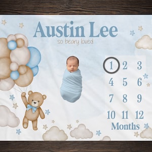 Bear Baby Milestone Blanket, Monthly Growth Tracker, Personalized Baby Blanket, Custom Blanket, Baby Shower Gift, New Baby Gift, BM38
