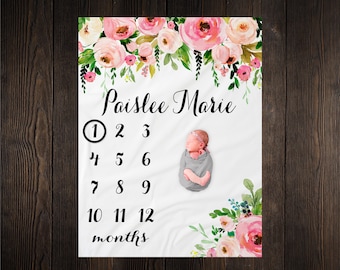 Pink Floral Baby Elephant Milestone Blanket, Safari Milestone Blanket, Baby Shower Gift, Baby Keepsake Gift, Girl Wreath Milestone Blanket