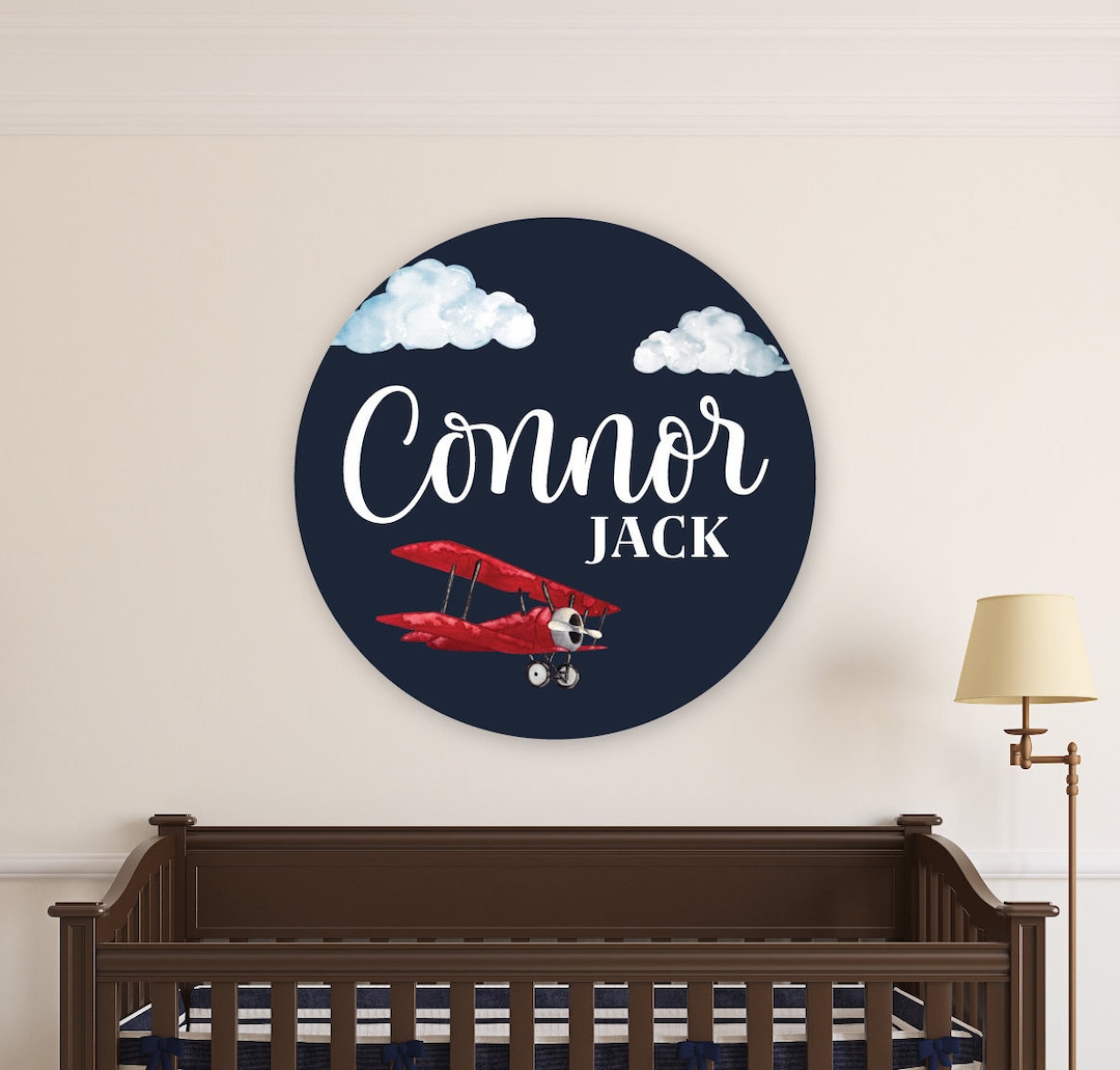 Airplane Round Wood Baby Name Sign Wooden Personalized Baby Name ...