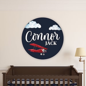 Airplane Round Wood Baby Name Sign Wooden Personalized Baby Name Newborn Announcement Custom Aviation Nursery Sign Decor