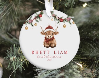 Adorno navideño para bebé de granja, adorno navideño personalizado para bebé, adorno navideño de vaca, adorno navideño para bebé de las Tierras Altas