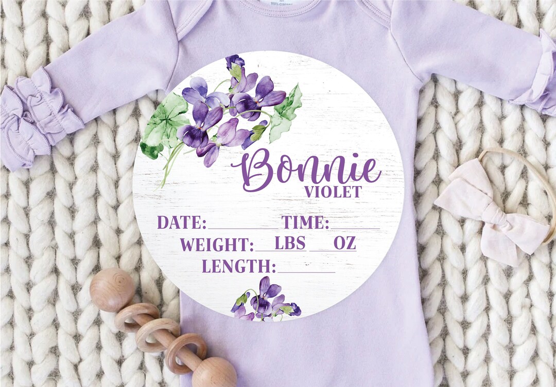 Violet Floral Birth Stats Round Wood Baby Name Sign Wooden Personalized ...