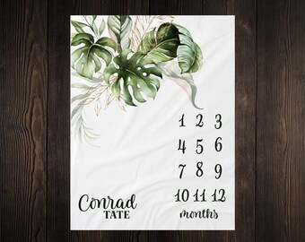 Tropical Greenery Milestone Blanket, Monthly Growth Tracker, Personalized Baby Blanket, Custom Blanket, Baby Shower Gift, New Baby Gift