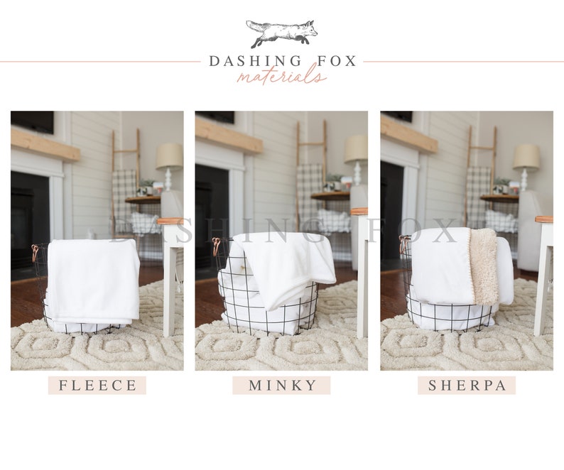 May include: Three white blankets in wire baskets, labeled "Fleece", "Minky", and "Sherpa".  The blankets are folded and displayed on a patterned rug.  The image is from Dashing Fox Materials.