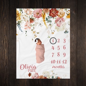 Floral Milestone Blanket, Baby Month Milestone Blanket, Baby Girl Milestone Blanket Track Growth Keepsake Baby Shower Gift