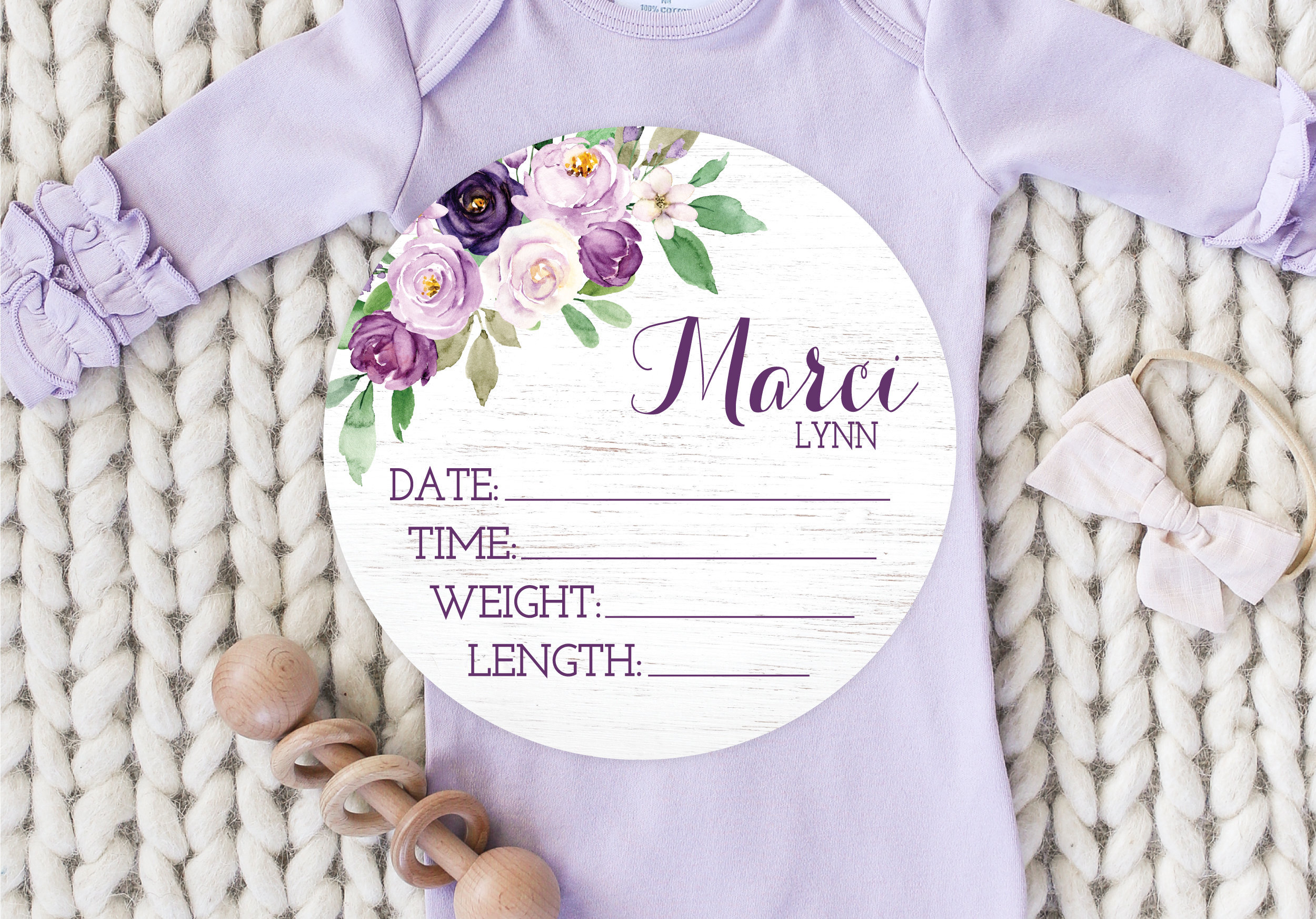 Purple Floral Birth Stats Round Wood Baby Name Sign Wooden Personalized Baby Name Newborn Announcement Hello World Fresh 48