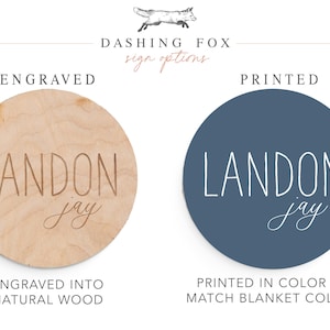 two options for a sign or nameplate: one engraved in natural wood and one printed in color to match blanket colors.