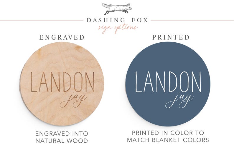 two options for a sign or nameplate: one engraved in natural wood and one printed in color to match blanket colors.