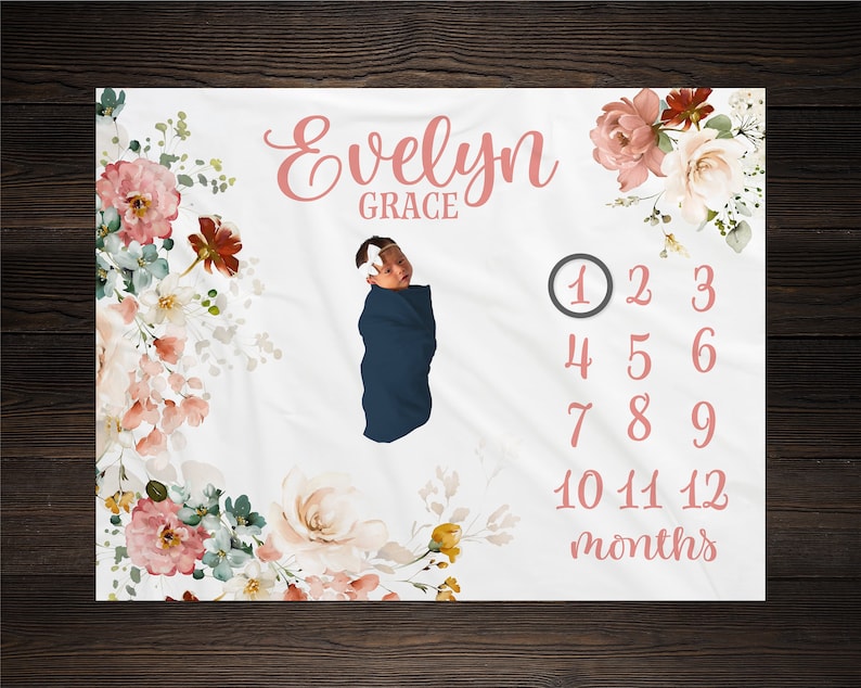 May include: A white baby blanket with a floral design in shades of pink, white, and green. The blanket has a photo of a baby in the center and a number chart for tracking the baby's growth. The text "Evelyn Grace" is printed in pink at the top of the blanket.