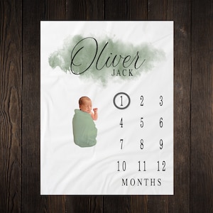 Personalized Milestone Blanket Month Growth Tracker Minky Fleece Blanket Custom Boy Baby Shower Gift Watercolor Newborn BM21