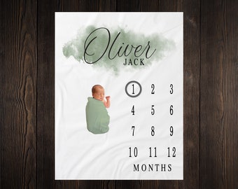 Personalized Milestone Blanket Month Growth Tracker Minky Fleece Blanket Custom Boy Baby Shower Gift Watercolor Newborn BM21