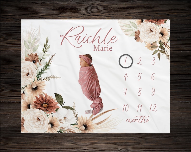 Boho Milestone Blanket For Baby Girl, Floral Growth Track Blanket, Monthly Baby Photo Prop, Rose Theme Baby Shower Gift, Newborn Photography image 1