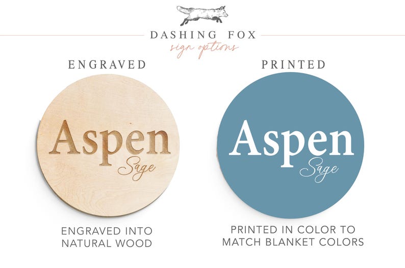 two options for a sign: an engraved wooden sign and a printed sign. The engraved sign is made of natural wood and has the word "Aspen Sage" carved into it, while the printed sign is a circle with the word "Aspen Sage" printed on it. The engraved sign is described as "ENRAGED into NATURAL WOOD" and the printed sign is described as "PRINTED in COLOR to MATCH BLANKET COLORS".