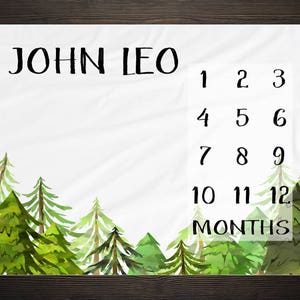 Forest Milestone Blanket Month Growth Tracker Minky Fleece Blanket Baby Shower Gift Rustic Baby Boy Nursery Trees Woodland Watercolor