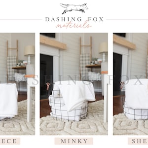 May include: Three wire baskets with different types of white blankets inside. The baskets are labeled "Fleece", "Minky", and "Sherpa".