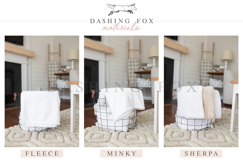 May include: Three wire baskets with different types of white blankets inside. The baskets are labeled "Fleece", "Minky", and "Sherpa".