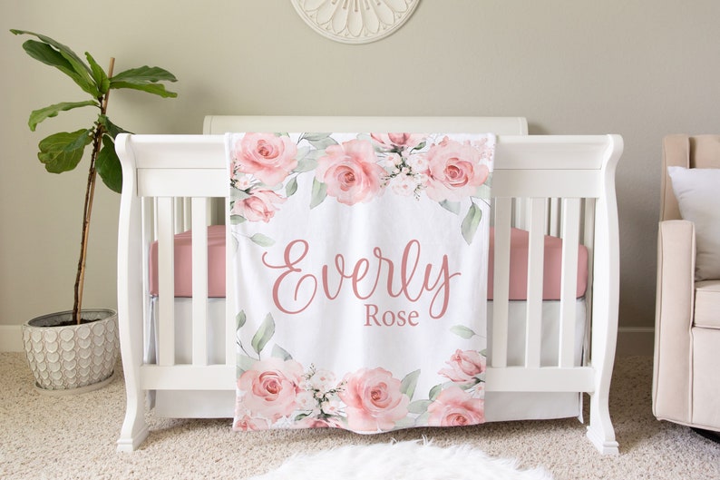 Rose Personalized Blanket, Custom Baby Blanket, Baby Shower Gift, Rose Nursery Blanket, Crib Blanket, Newborn Photos Prop, BB10 image 1