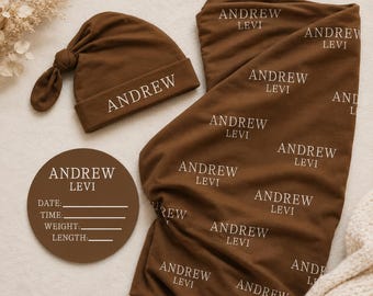 Personalized Baby Swaddle Set, Custom Newborn Blanket with Name Hat, Baby Coming Home Outfit, Optional Name Sign Add On JS54