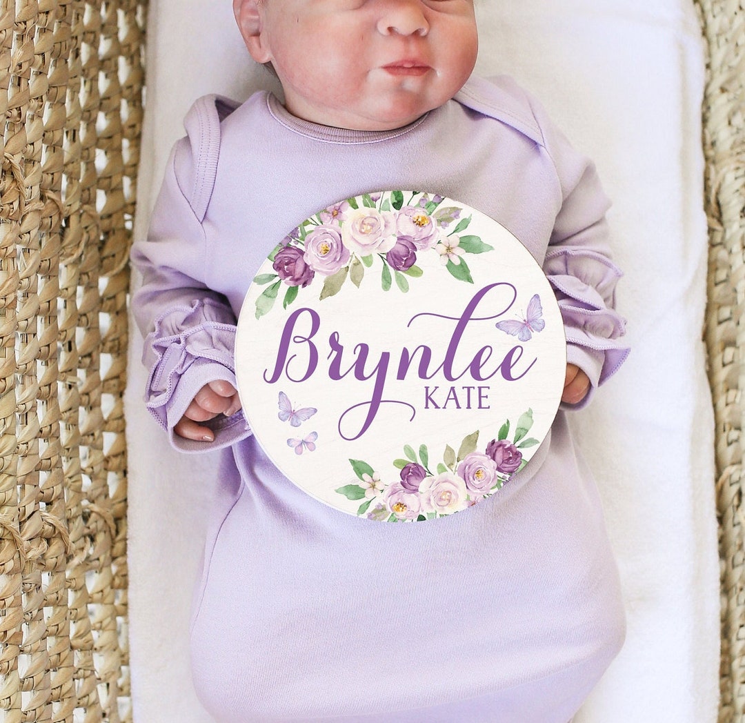Purple Floral Baby Girl Round Wood Baby Name Sign Wooden Personalized ...