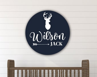 Deer Round Wood Baby Name Sign Wooden Personalized Baby Name Newborn Announcement Custom Rustic Nursery Sign Decor