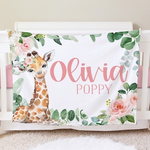 Giraffe Personalized Baby Name Blanket Personalized Floral Baby Gift Custom Coming Home Giraffe Hospital Blanket Baby Shower New Mom Gift