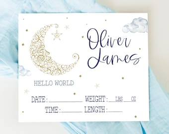 Sinal de nascimento de lua e estrelas, sinal de madeira personalizado, decoração de berçário, sinal de anúncio de nome, presente de bebê personalizado, olá mundo