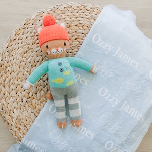 May include: A plush toy cat wearing a blue sweater with yellow fish, a red hat, and gray and white striped pants. The cat is sitting on a blue blanket with the name "Ozzy James" printed on it.