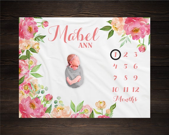 Peony Flower Milestone Blanket Personalized Monthly Growth Tracker Custom Baby Shower Gift Watercolor Pink Floral Blanket for Newborn Etsy Canada