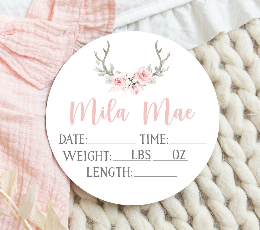 Floral Woodland Antler Birth Stats Round Wood Baby Name Sign Wooden ...
