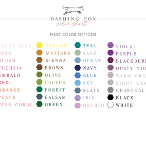 May include: Color chart with a fox illustration and the text "Dashing Fox color chart" and "Font Color Options". The chart shows 24 color swatches with their names in black text.