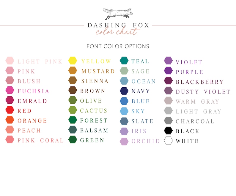 May include: Color chart with a fox illustration and the text "Dashing Fox color chart" and "Font Color Options". The chart shows 24 color swatches with their names in black text.
