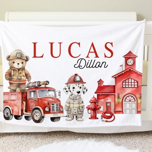 Kocyk strażak, wystrój pokoju dziecięcego strażak, prezent na baby shower strażak, spersonalizowany prezent strażak, kocyk z imieniem dziecka BB52