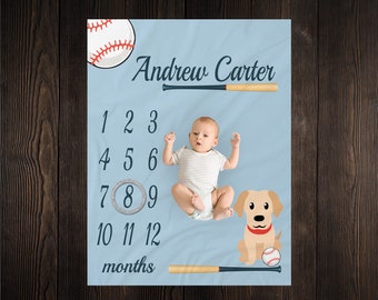 Sports Milestone Blanket, Puppy Dog Monthly Growth Tracker, Baseball Blanket, Baby Shower Gift, Personalized Baby Boy Gift, Watch Me Grow