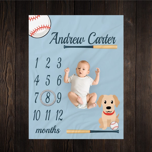 Sports Milestone Blanket, Puppy Dog Monthly Growth Tracker, Baseball Blanket, Baby Shower Gift, Personalized Baby Boy Gift, Watch Me Grow