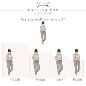 Puede incluir: Tabla de tallas para ropa de mujer, que muestra cuatro tama&ntilde;os diferentes de una mujer sosteniendo una taza de caf&eacute;. Los tama&ntilde;os son 60x80, 50x60, 40x50 y 30x40 pulgadas.