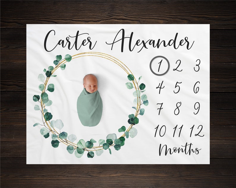 Eucalyptus Greenery Milestone Blanket, Personalized Baby Blanket, Custom Blanket, Baby Shower Gift, New Baby Gift, Baby Boy Growth Tracker image 1