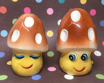 Vintage Anthropomorphic Mushroom Salt and Pepper Shakers, Japan Ceramic Shakers