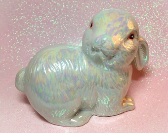 Vintage White Iridescent Opalescent Glazed Ceramic Bunny Rabbit Figurine