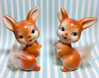 Vintage Enesco Bunnies with Furry Tails Salt and Pepper Shaker Set