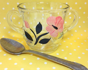 Vintage Bartlett Collins Mid Century Modern Hand Painted Pink and Black Flower Glass Sugar Bowl with Spoon