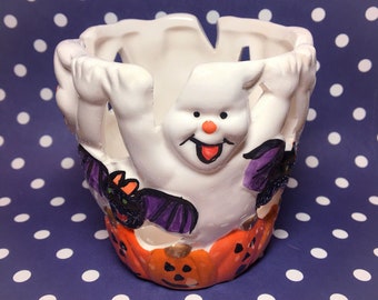 Vintage Ceramic Halloween Ghost, Bat, and Pumpkin Hand Painted Votive Candle Holder