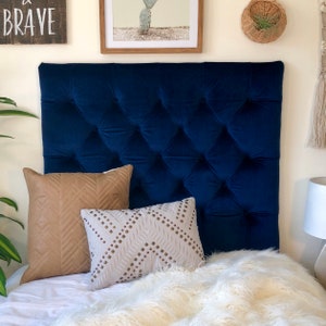 Dorm Room Twin Upholstered Headboard in Navy Blue Velvet Diamond Tufted ...