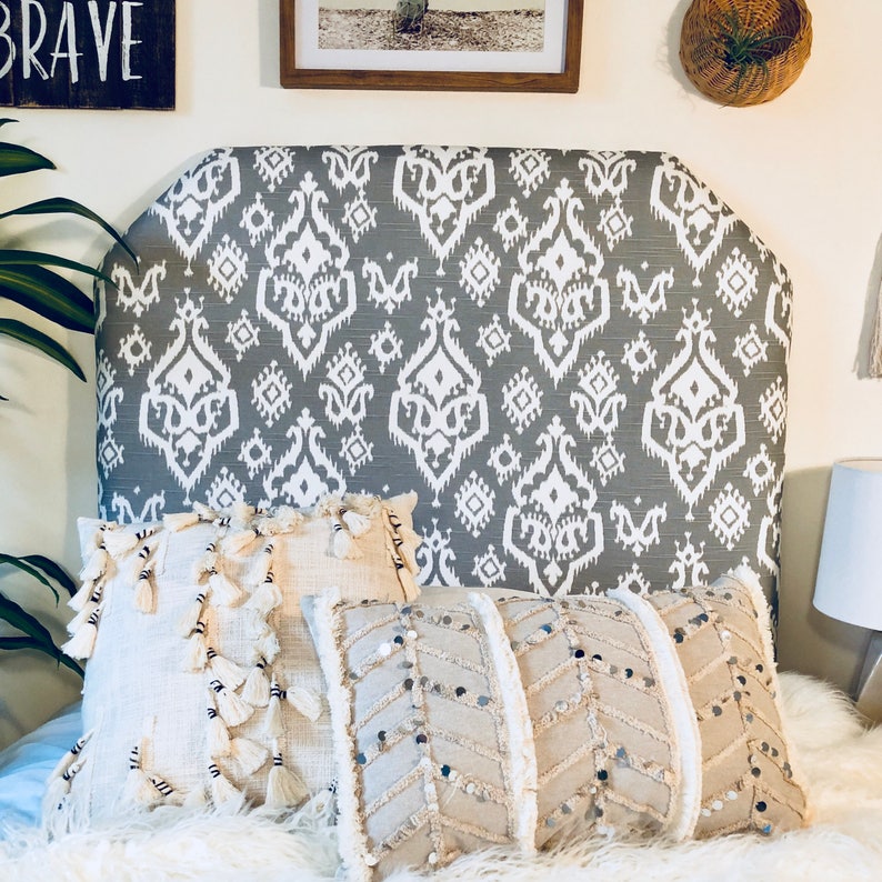 Dorm Room Twin Headboard Grey and White Ikat Upholstered Etsy