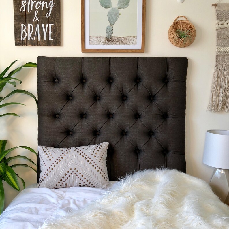 Dorm Room Twin Upholstered Headboard Graphite Linen Diamond Etsy