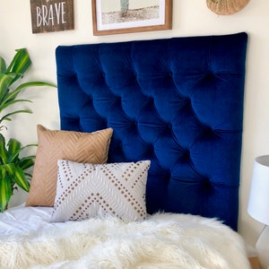 Dorm Room Twin Upholstered Headboard in Navy Blue Velvet Diamond Tufted ...