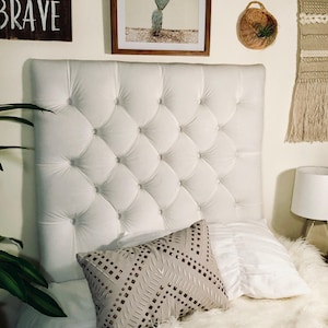 Dorm Room Twin Upholstered Headboard in White Velvet Diamond Tufted - Plush Dorm Room Headboard