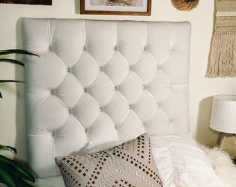 Dorm Room Twin Upholstered Headboard in White Velvet Diamond Tufted - Plush Dorm Room Headboard