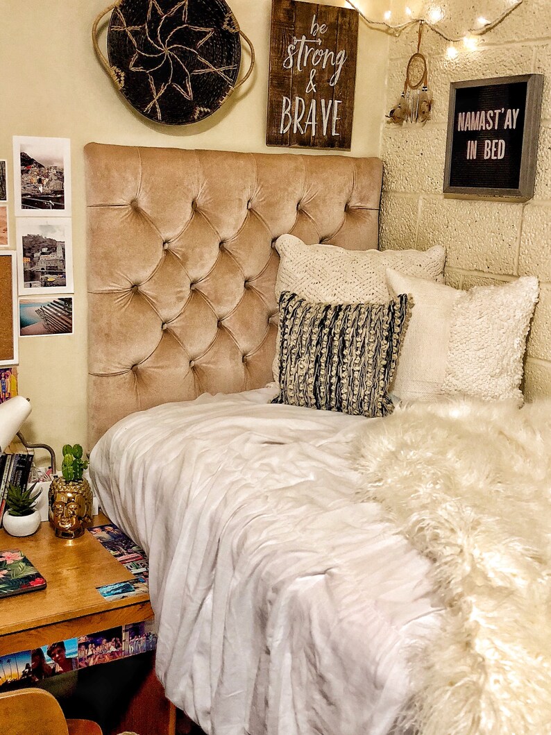 Dorm Room Twin Upholstered Headboard in Tan Velvet Tufted 2 Etsy