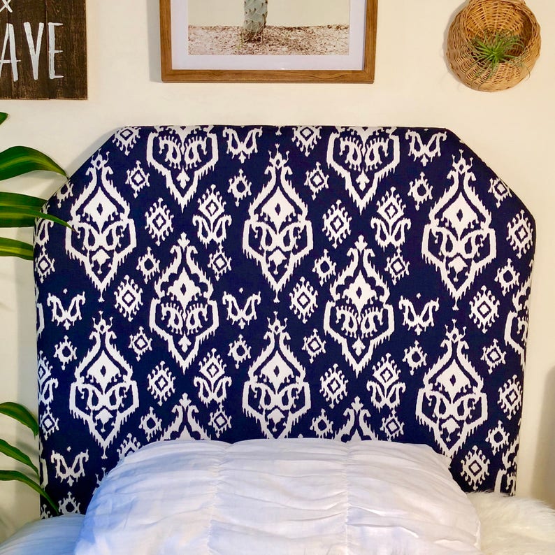 Dorm Room Twin Headboard Navy Blue And White Ikat Image 0